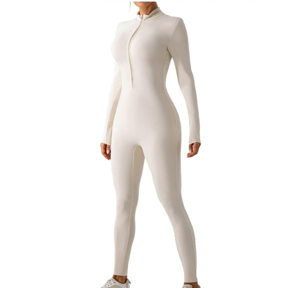 Women Winter Tight Jumpsuit Sport Yoga Workout Scuba Feel Sz XL Ivory